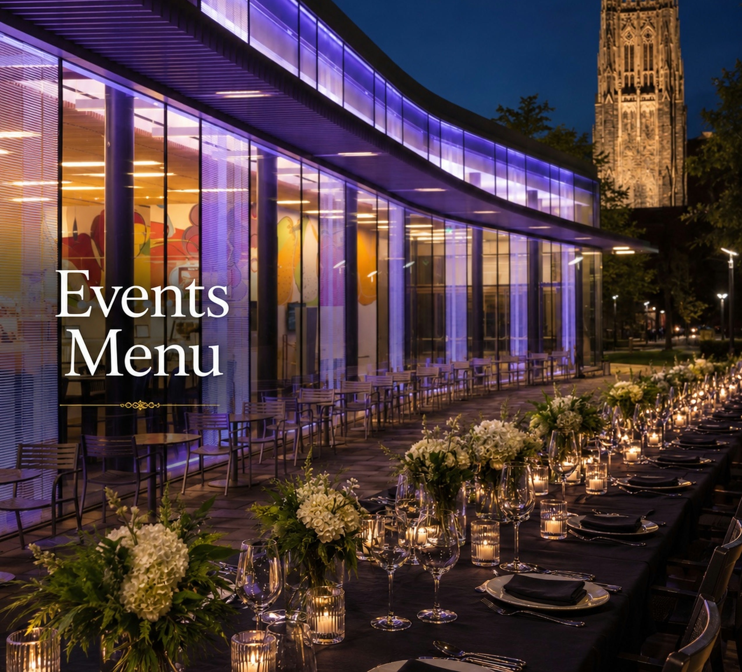 Penn Pavilion exterior lit at night — Duke Chapel in background